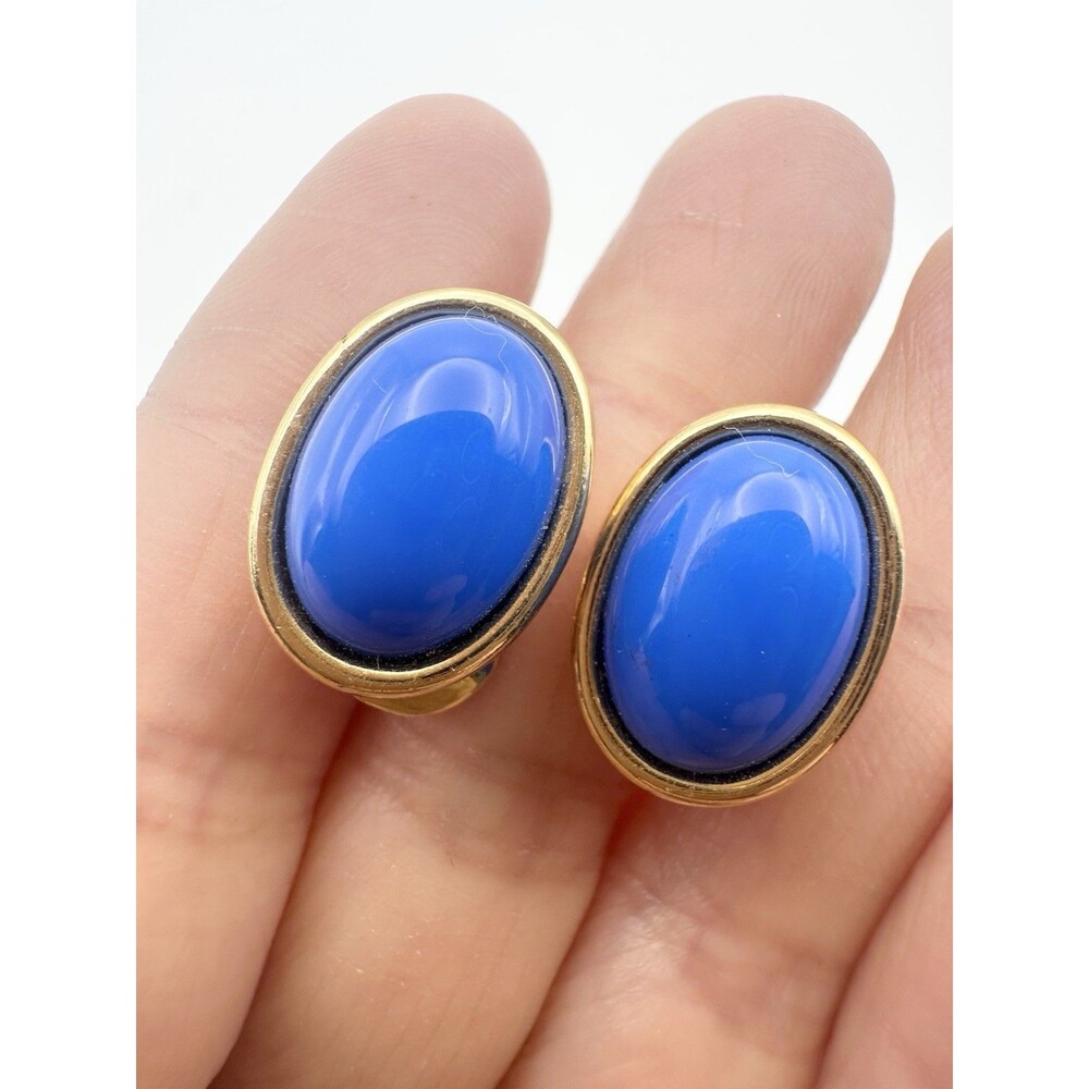 Vintage Monet Oval Clip On Earrings Blue Good Tone